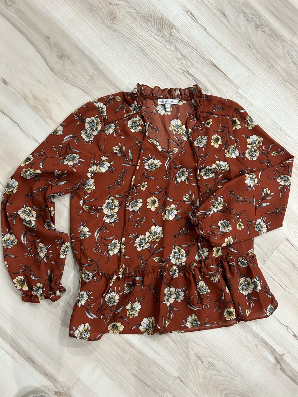 Moa Moa Rust Floral Ruffle Peplum Blouse